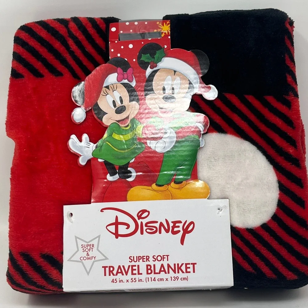 Disney Mickey & Minnie Mouse Christmas Travel Blanket 45x55 Red Black Check Ears